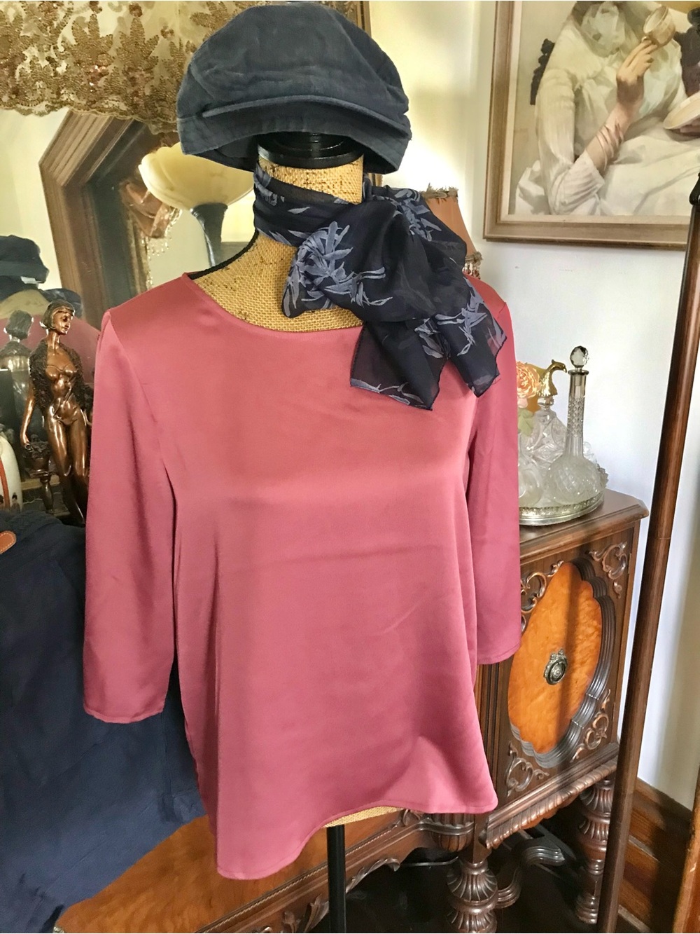 Vintage Ralph Lauren Linen Shorts, French Cap Hat, Satin Blouse and Scarf Set